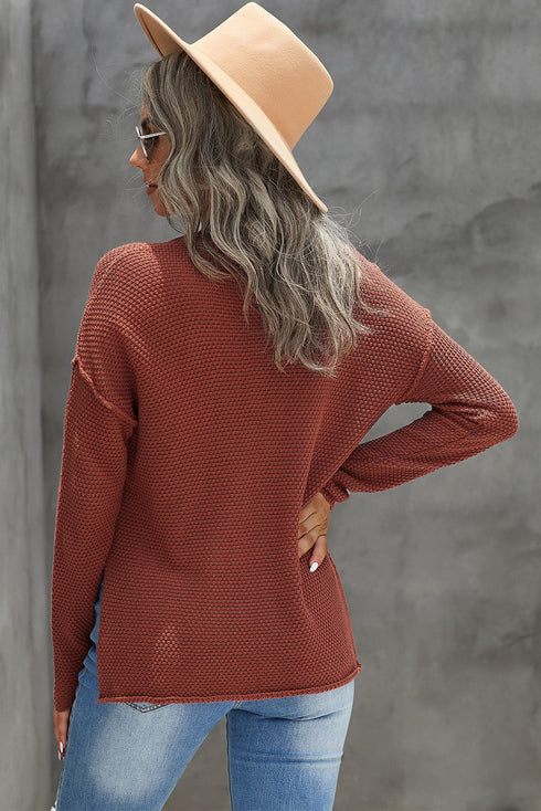 Henley Button Placket Side Slit Drop Shoulder Pullover Knit Sweater