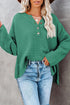 Henley Button Placket Side Slit Drop Shoulder Pullover Knit Sweater