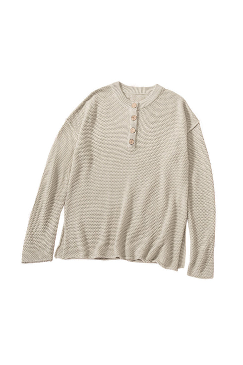 Henley Button Placket Side Slit Drop Shoulder Pullover Knit Sweater