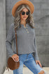 Henley Button Placket Side Slit Drop Shoulder Pullover Knit Sweater
