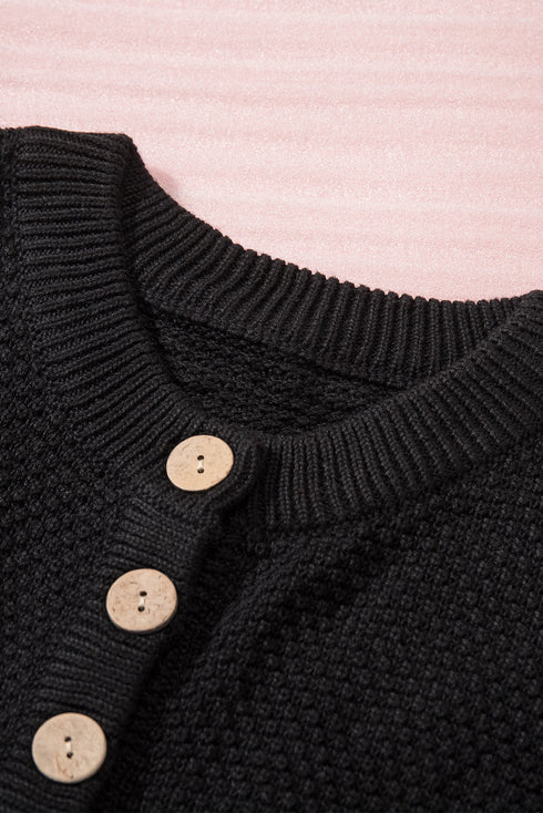 Henley Button Placket Side Slit Drop Shoulder Pullover Knit Sweater