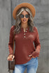 Henley Button Placket Side Slit Drop Shoulder Pullover Knit Sweater