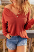 Henley Button Placket Side Slit Drop Shoulder Pullover Knit Sweater