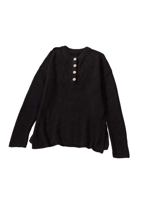 Henley Button Placket Side Slit Drop Shoulder Pullover Knit Sweater