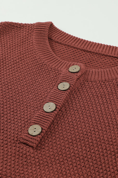 Henley Button Placket Side Slit Drop Shoulder Pullover Knit Sweater