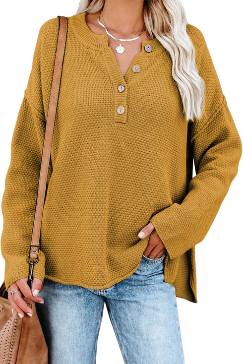 Henley Button Placket Side Slit Drop Shoulder Pullover Knit Sweater