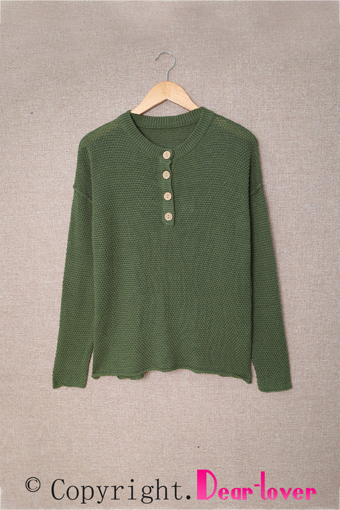 Henley Button Placket Side Slit Drop Shoulder Pullover Knit Sweater