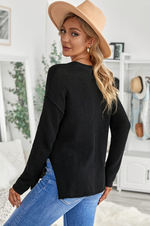 Henley Button Placket Side Slit Drop Shoulder Pullover Knit Sweater