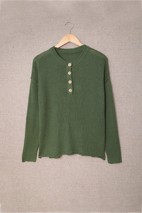 Henley Button Placket Side Slit Drop Shoulder Pullover Knit Sweater
