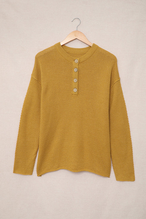 Henley Button Placket Side Slit Drop Shoulder Pullover Knit Sweater