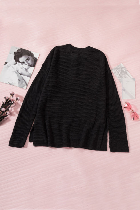 Henley Button Placket Side Slit Drop Shoulder Pullover Knit Sweater