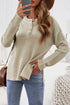 Henley Button Placket Side Slit Drop Shoulder Pullover Knit Sweater