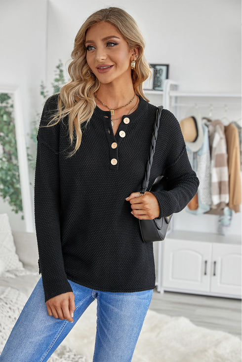 Henley Button Placket Side Slit Drop Shoulder Pullover Knit Sweater