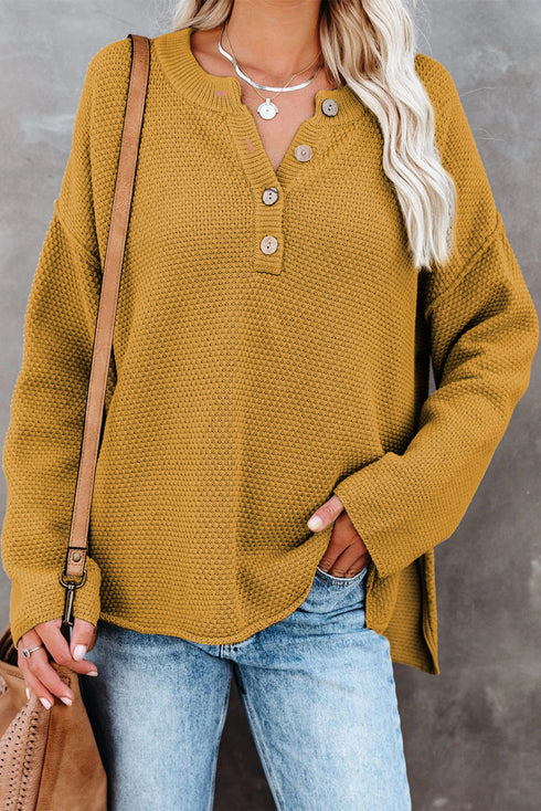 Henley Button Placket Side Slit Drop Shoulder Pullover Knit Sweater