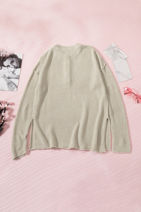 Henley Button Placket Side Slit Drop Shoulder Pullover Knit Sweater
