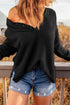 Henley Button Placket Side Slit Drop Shoulder Pullover Knit Sweater