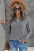 Henley Button Placket Side Slit Drop Shoulder Pullover Knit Sweater
