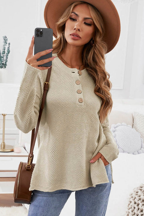 Henley Button Placket Side Slit Drop Shoulder Pullover Knit Sweater
