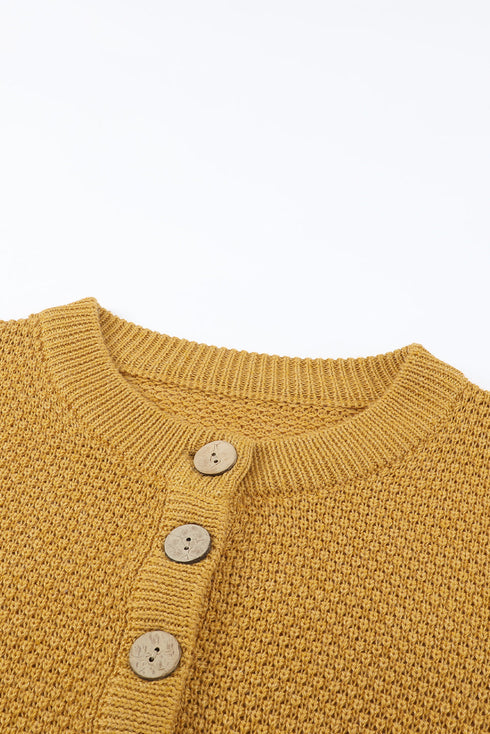 Henley Button Placket Side Slit Drop Shoulder Pullover Knit Sweater