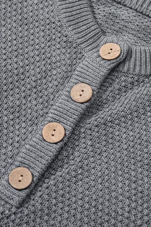 Henley Button Placket Side Slit Drop Shoulder Pullover Knit Sweater