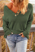 Henley Button Placket Side Slit Drop Shoulder Pullover Knit Sweater