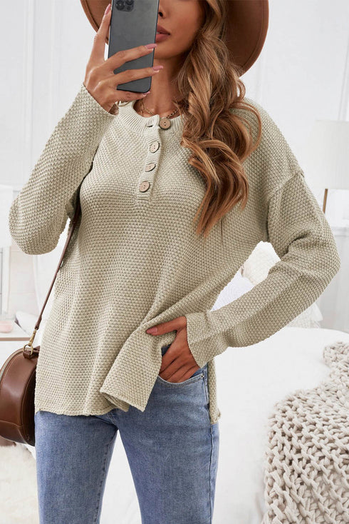 Henley Button Placket Side Slit Drop Shoulder Pullover Knit Sweater