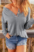 Henley Button Placket Side Slit Drop Shoulder Pullover Knit Sweater