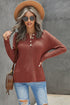 Henley Button Placket Side Slit Drop Shoulder Pullover Knit Sweater