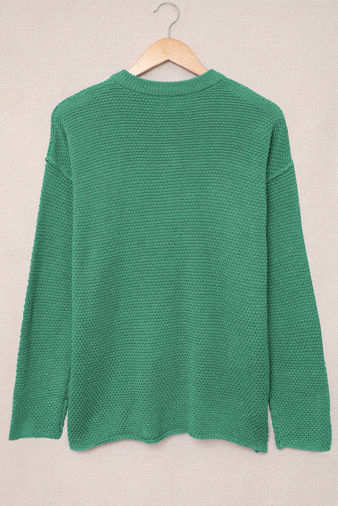 Henley Button Placket Side Slit Drop Shoulder Pullover Knit Sweater