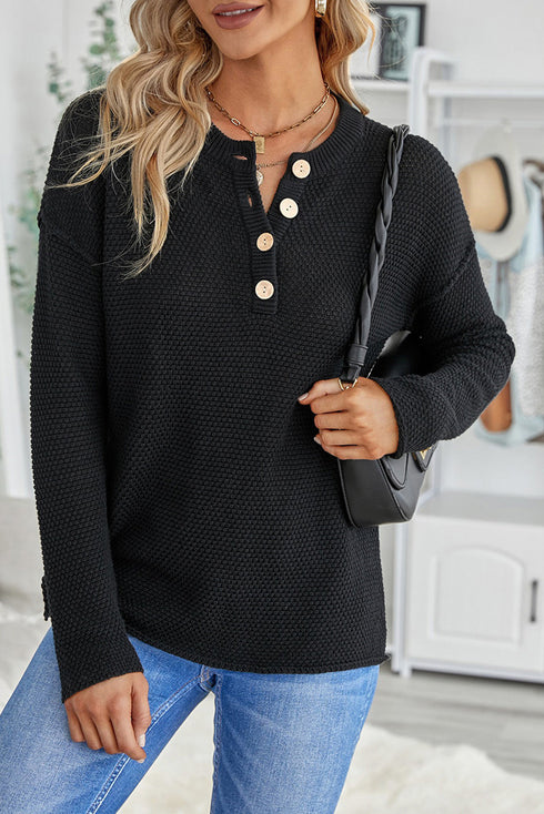 Henley Button Placket Side Slit Drop Shoulder Pullover Knit Sweater