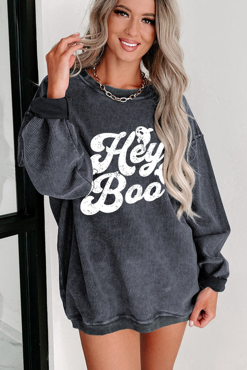 Hey Boo Ghost Graphic Corduroy Textured Oversized Sweatshirt