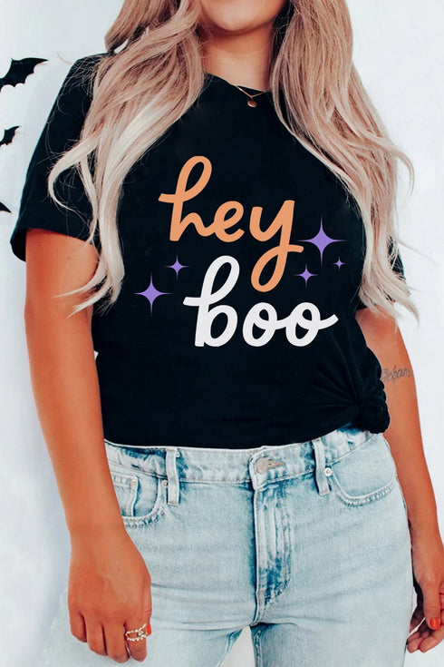 Hey Boo Slogan Round Neck T Shirt