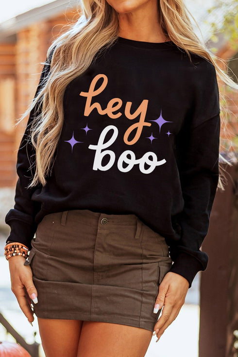 Hey Boo Themed Graphic Playful Americana Layering Sweatshirt