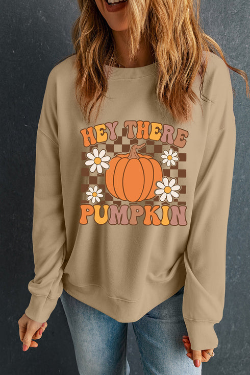 Hey There Pumpkin Checkered Graphic Crew Sweatshirt