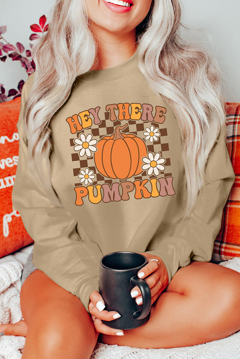 Hey There Pumpkin Checkered Graphic Crew Sweatshirt
