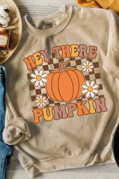 Hey There Pumpkin Checkered Graphic Crew Sweatshirt