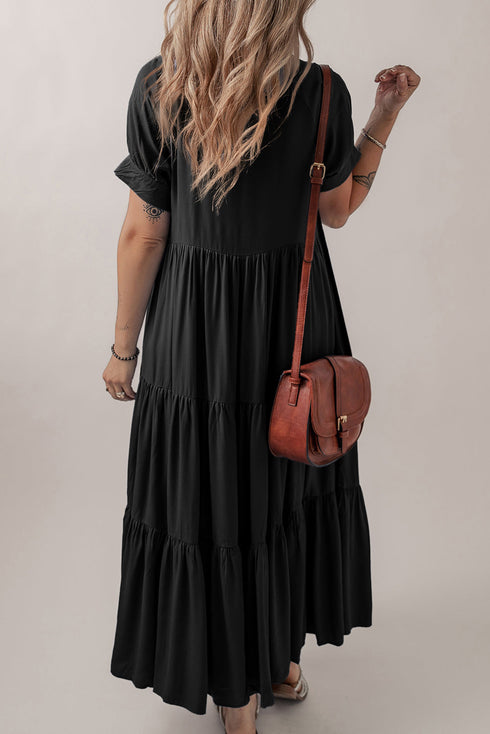 Hidden Button Short Sleeve Ruffle Tiered A-Line Maxi Dress