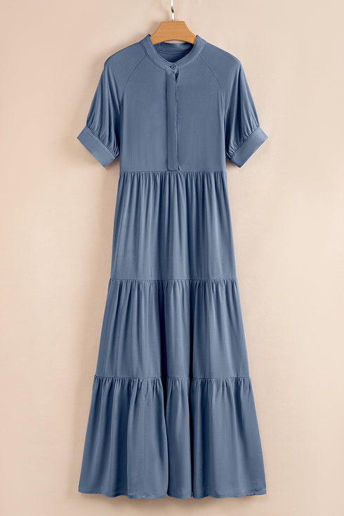 Hidden Button Short Sleeve Ruffle Tiered A-Line Maxi Dress