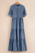 Hidden Button Short Sleeve Ruffle Tiered A-Line Maxi Dress