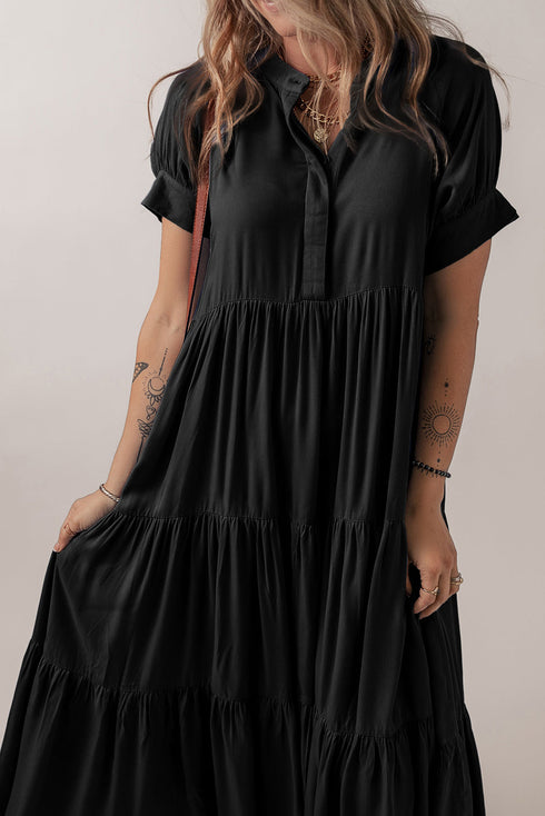 Hidden Button Short Sleeve Ruffle Tiered A-Line Maxi Dress