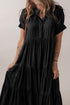 Hidden Button Short Sleeve Ruffle Tiered A-Line Maxi Dress