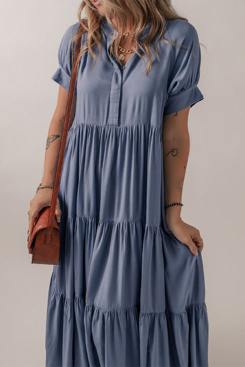 Hidden Button Short Sleeve Ruffle Tiered A-Line Maxi Dress