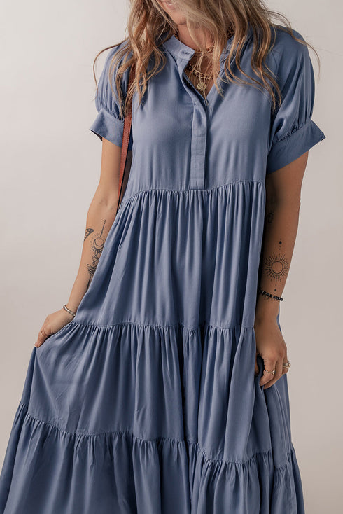 Hidden Button Short Sleeve Ruffle Tiered A-Line Maxi Dress
