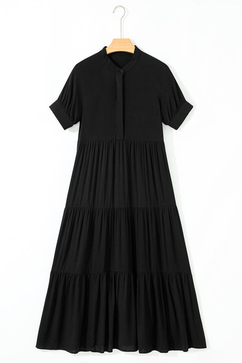 Hidden Button Short Sleeve Ruffle Tiered A-Line Maxi Dress
