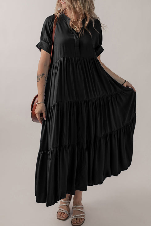 Hidden Button Short Sleeve Ruffle Tiered A-Line Maxi Dress