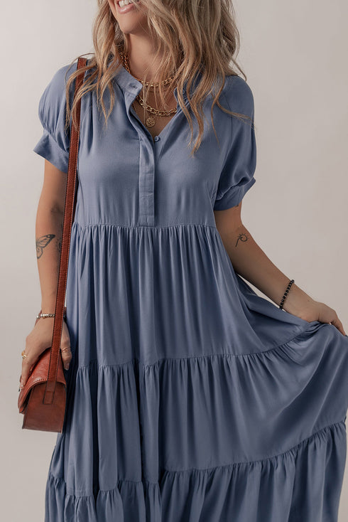 Hidden Button Short Sleeve Ruffle Tiered A-Line Maxi Dress