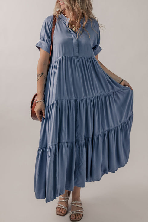 Hidden Button Short Sleeve Ruffle Tiered A-Line Maxi Dress