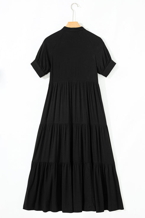 Hidden Button Short Sleeve Ruffle Tiered A-Line Maxi Dress
