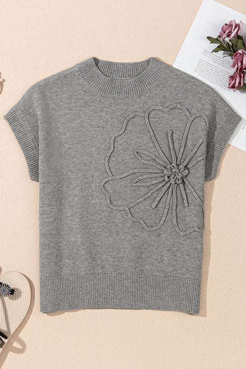 High Flower Pattern Ribbed Trim Short Sleeve Boxy Sweater