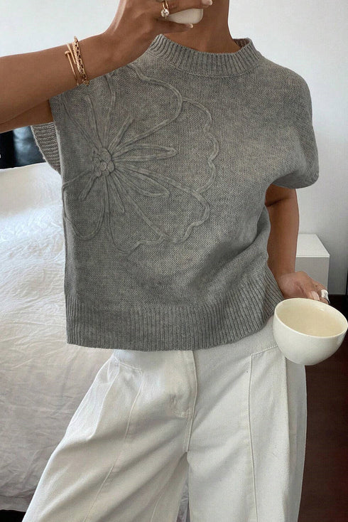 High Flower Pattern Ribbed Trim Short Sleeve Boxy Sweater